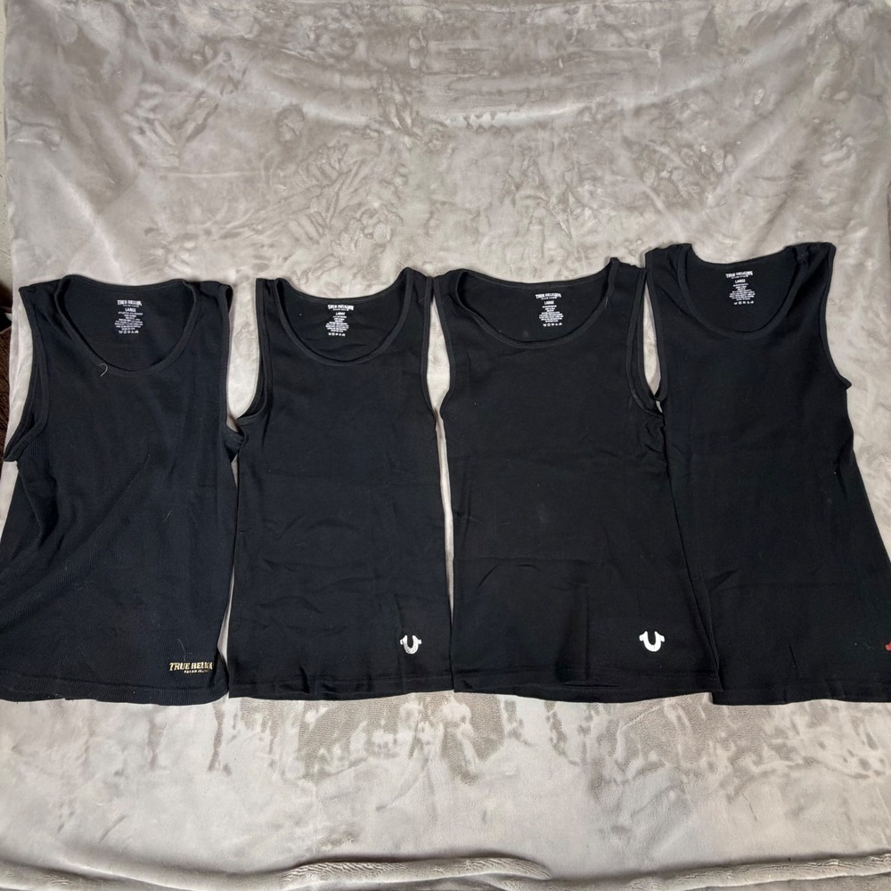 True Religion Mens Black Ribbed Tank Top A-Shirt Bundle 4 Pack Large Logo